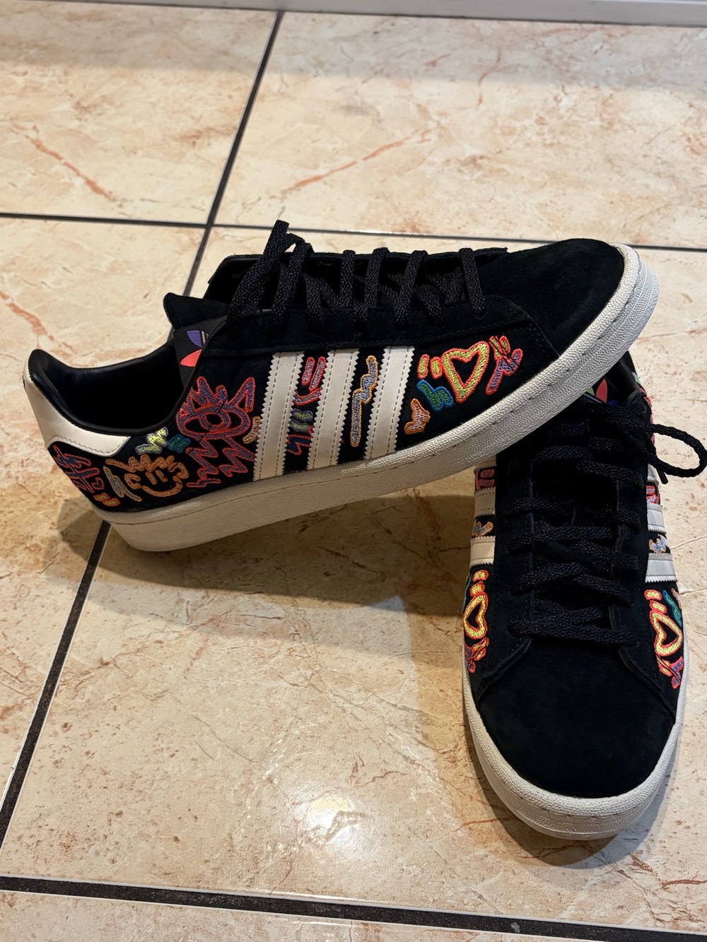 adidas Black Suede Sneakers with Multicolor Embroidered Hearts and Graphics